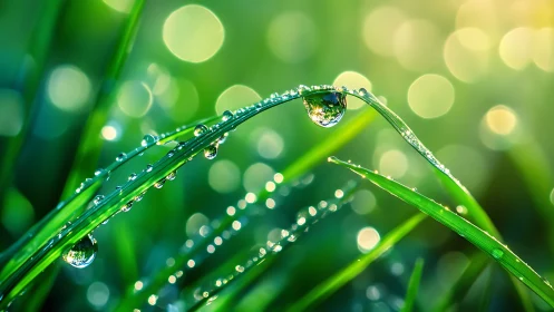 Macro dew drops on vibrant green grass with soft bokeh highlights.