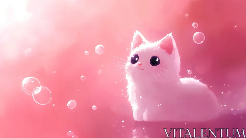 Luminous Pink Cat Among Floating Bubbles.