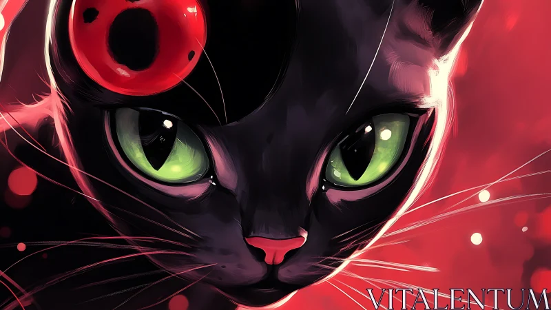Black Cat with Glowing Green Eyes and Neon Pink Aura.