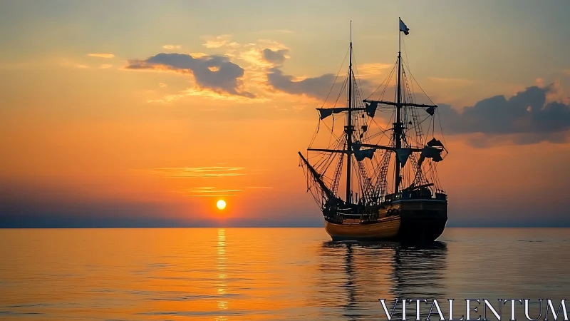 Silhouetted tall ship crosses calm sea at radiant sunset
