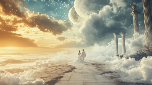 Couple walks along cloud path toward double moon sky