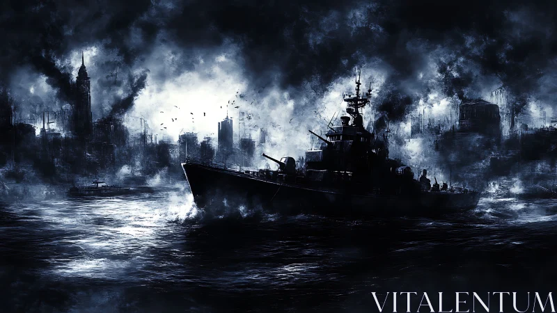 Warship silhouette before burning coastal city skyline.