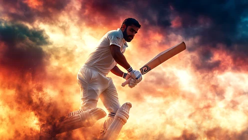Cricket batter drives ball through explosive sunset sky
