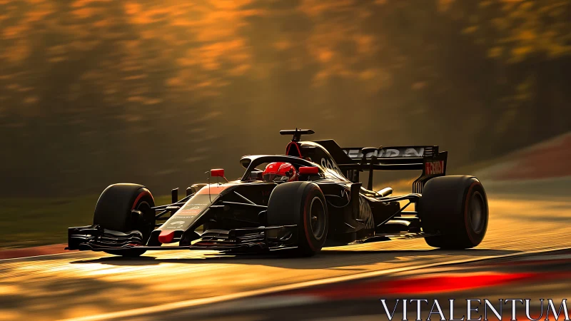 Formula race car moves through sunlit circuit corner