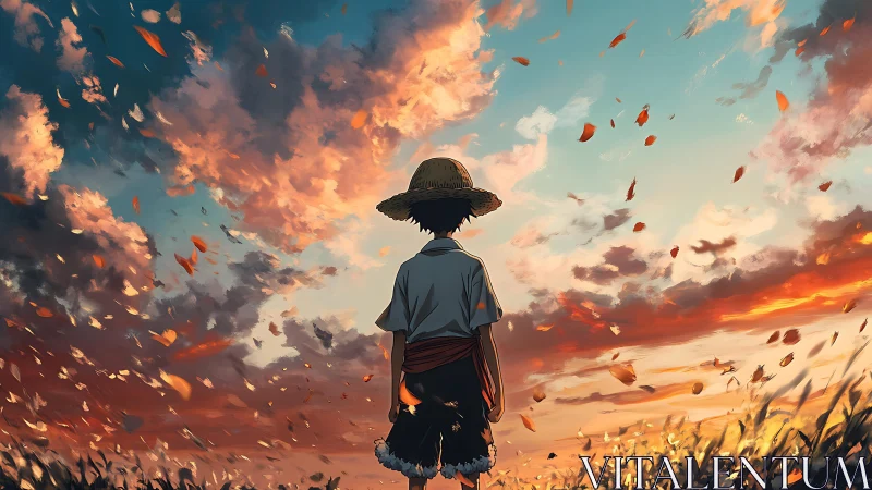 Boy in straw hat stands under vivid sunset sky.