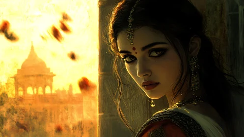 Woman with traditional jewelry looks back in golden light