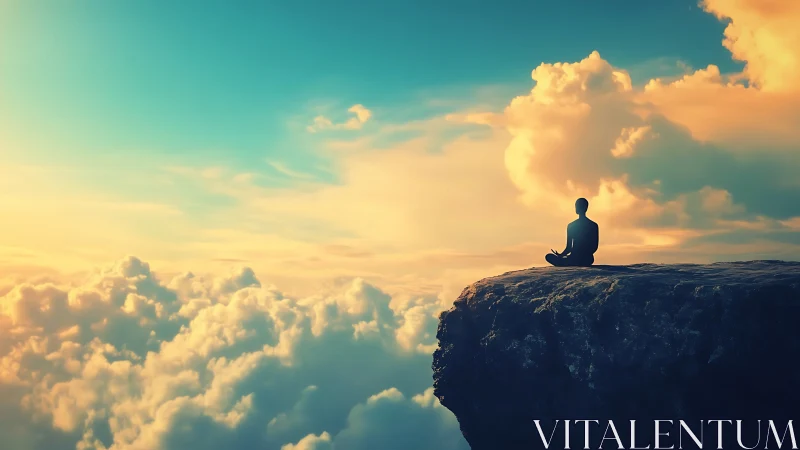 Solitary figure meditates above clouds at glowing sunrise.