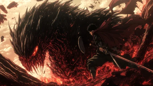 Swordsman confronts molten dragon entity in fiery landscape.