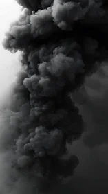 Dense black smoke column twists through soft grey void.