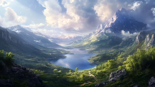 Digital painting panoramic alpine valley with luminous lake.