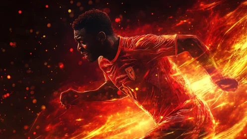 Fiery digital artwork of soccer player sprinting in flames.