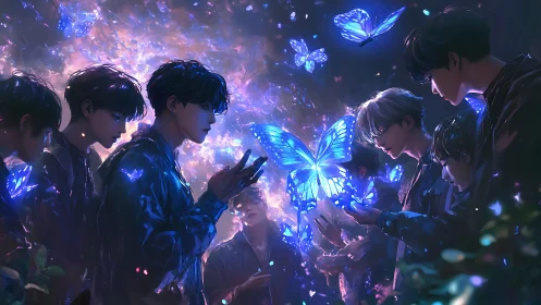 Bioluminescent butterflies illuminate silhouetted youths in twilight