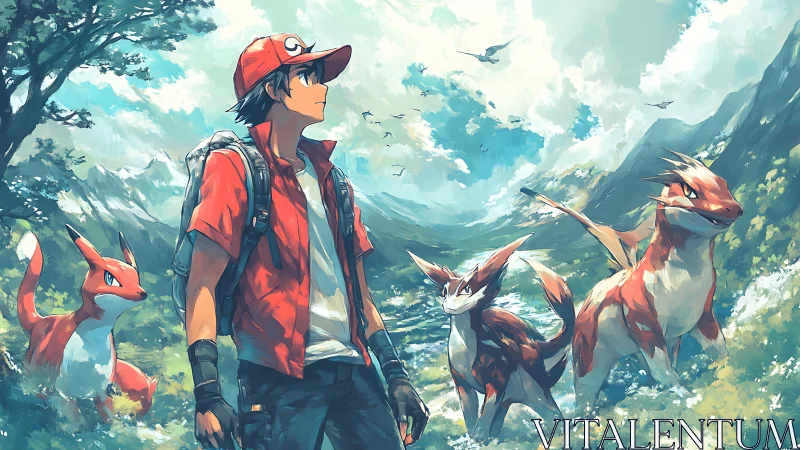 Anime trainer explores luminous valley with red dragon creatures