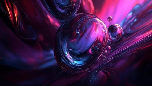 Iridescent glass orbs suspended in neon liquid flow.