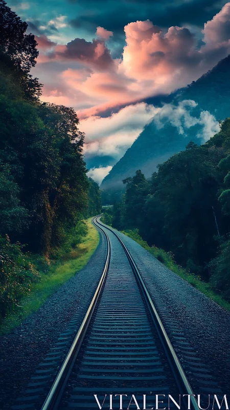 Twilight rails winding into misty mountains and painted clouds.