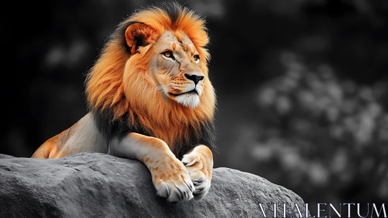 Regal male lion on rock in selective color monochrome portrait.