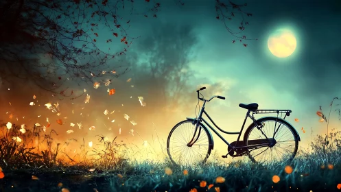 Bicycle in Moonlit Field with Floating Autumn Leaves