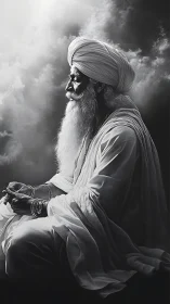 Monochrome turbaned elder in volumetric cloudside profile.