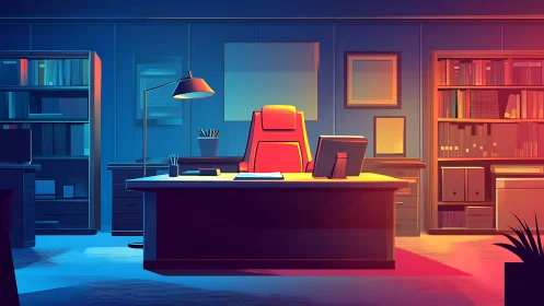 Modern Office Interior With Dual Color Gradient Lighting