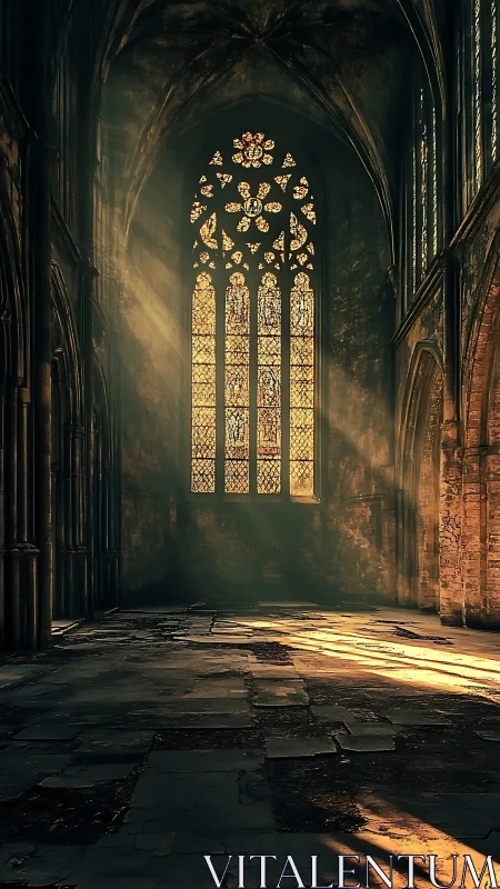 Sunlit quiet in a forgotten gothic cathedral hall.