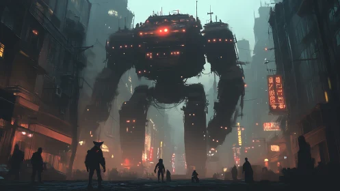Colossal combat mech dominates neon fog city street.