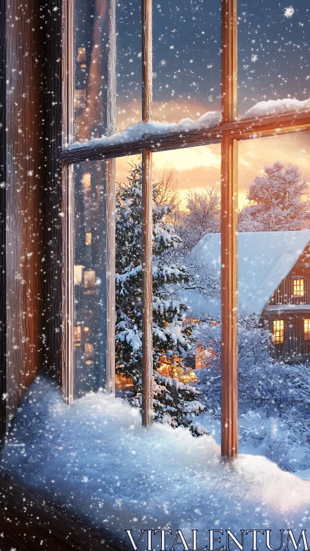 Snow-kissed window glow over a storybook winter cottage.