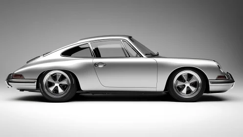 Side profile study of silver classic coupe on gray ground.