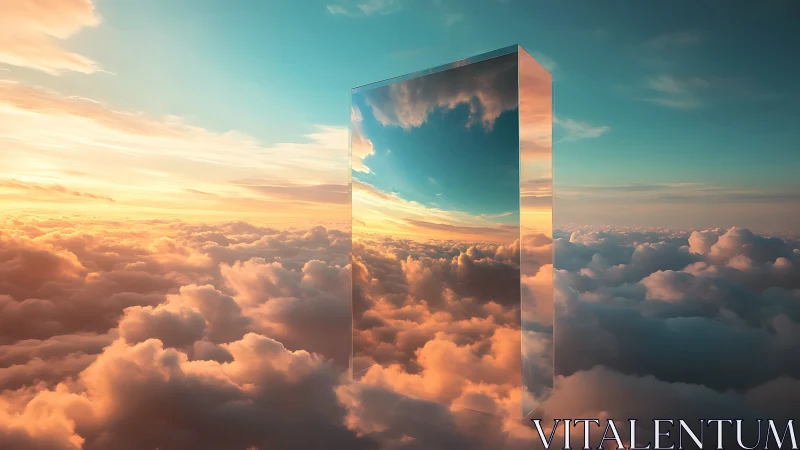 Mirrored monolith reflects blazing sunset above clouds.
