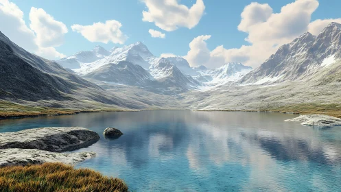 Snowcapped mountain range reflected in clear alpine lake.