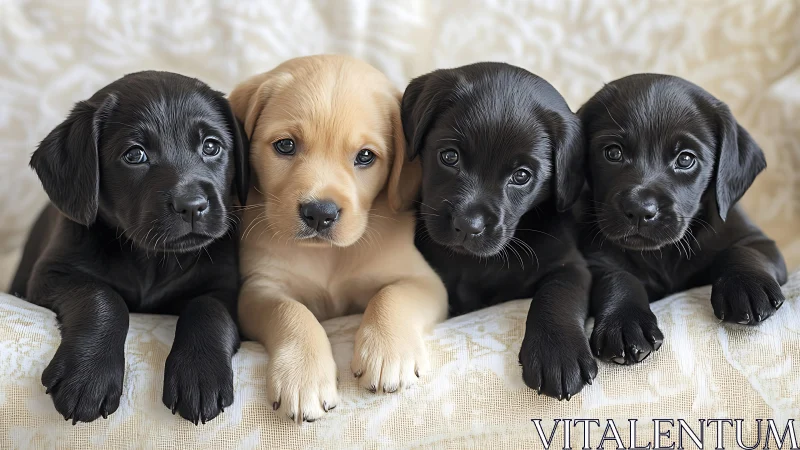 Row of four Labrador puppies on patterned fabric surface.
