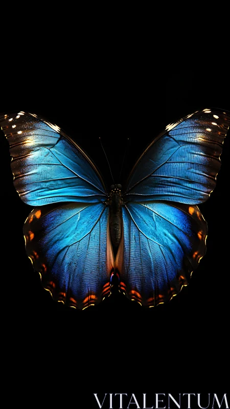 Blue butterfly wings on black background, centered view.