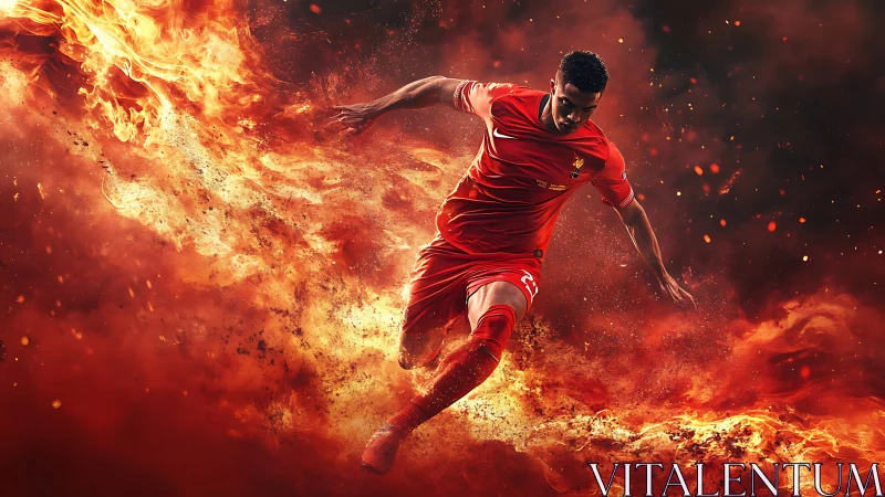 Digital render shows soccer player in red kit amid stylized fire