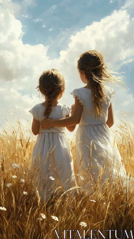 Two girls in white dresses standing in golden wheat field.