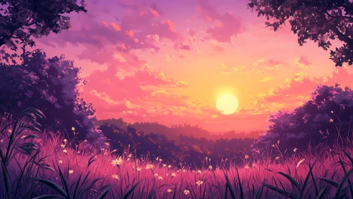 Sunset over flowered meadow with distant forest hills.