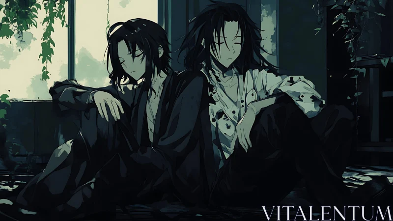 Two seated figures rest against interior walls in low light