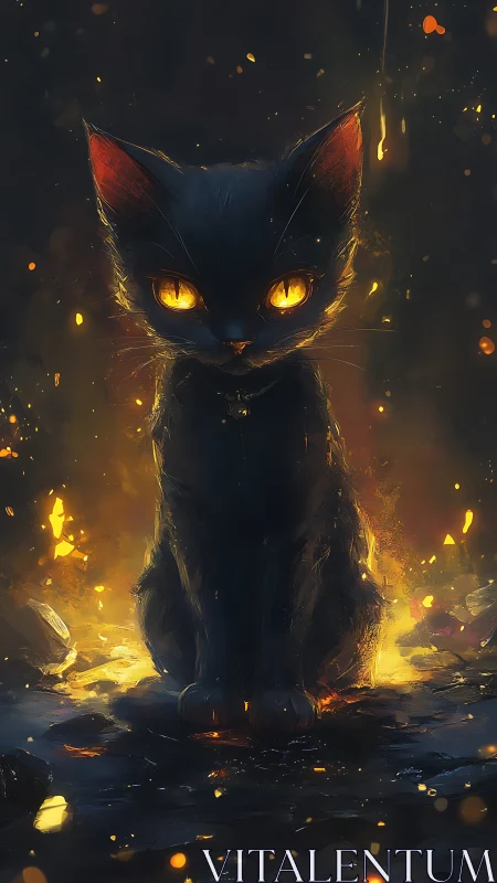 Luminous eyed black cat amid embers in low key digital art