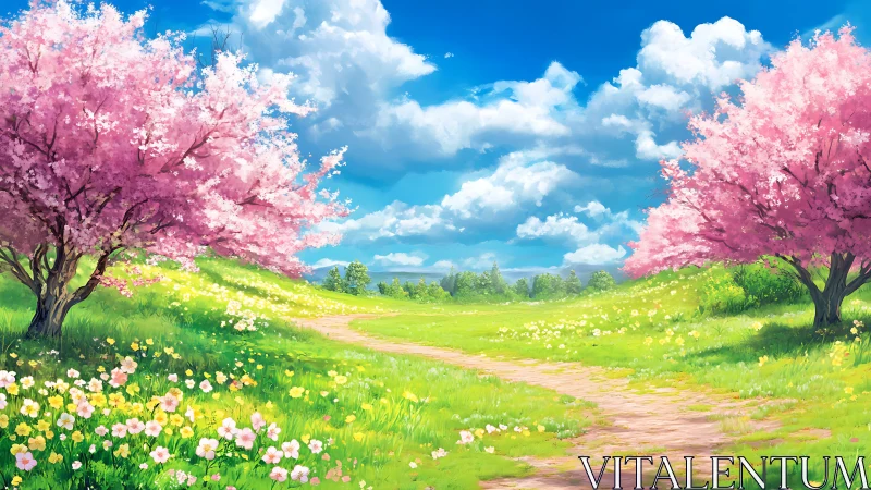 Spring meadow path lined with pink blossom trees under sky.