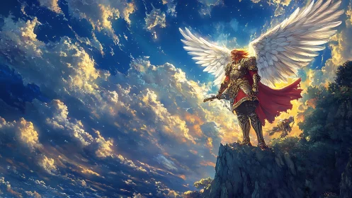 Winged celestial warrior overlooking radiant cloudscape.