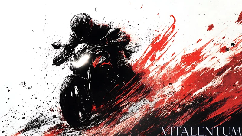 Motorcyclist is rendered with dynamic red and black brush strokes