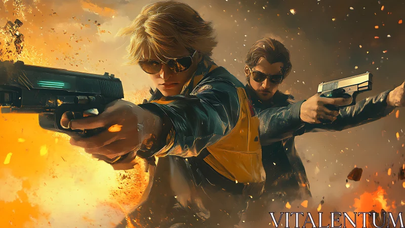 Gunfighters stride through inferno with mirrored focus.