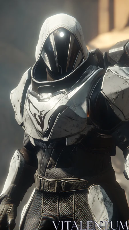 Hooded exosuit sentinel with reflective visor and worn plating.