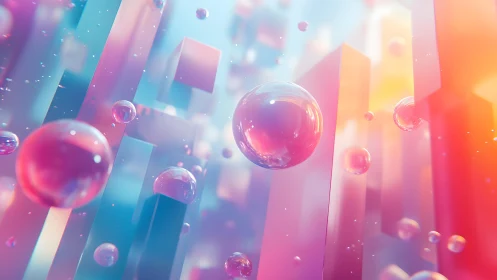 Glowing glass spheres drift through neon pastel geometric city