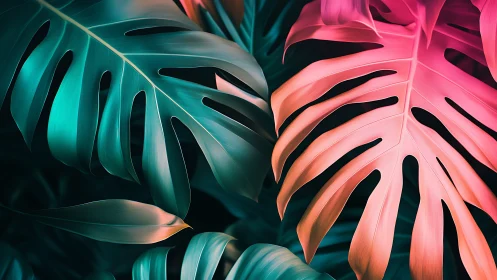 Neon jungle leaves glow in teal and coral dreamlight.