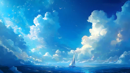 Wide-angle seascape with volumetric cumulonimbus clouds and lone sailboat