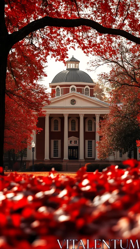 Neoclassical campus rotunda centered under dense red autumn canopy