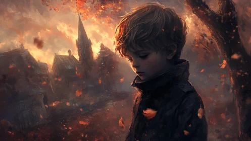 Melancholic boy in autumnal village rendered in painterly light