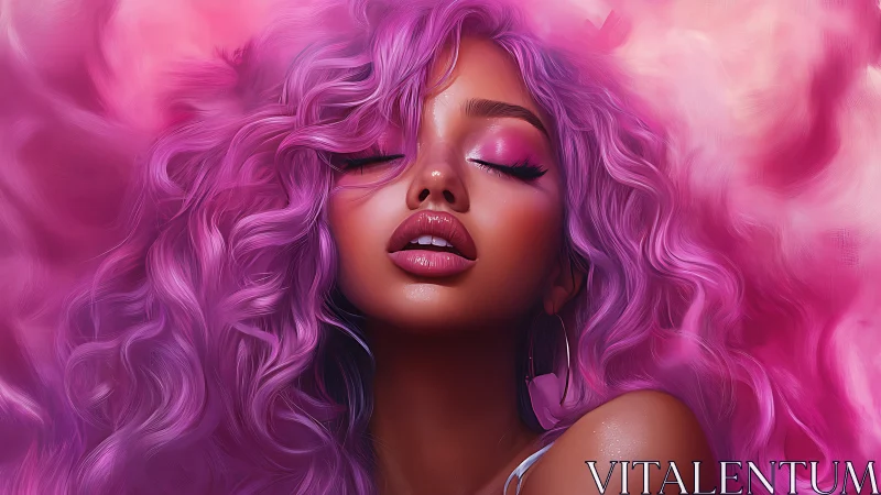 Pink haired woman with closed eyes in vivid digital portrait.