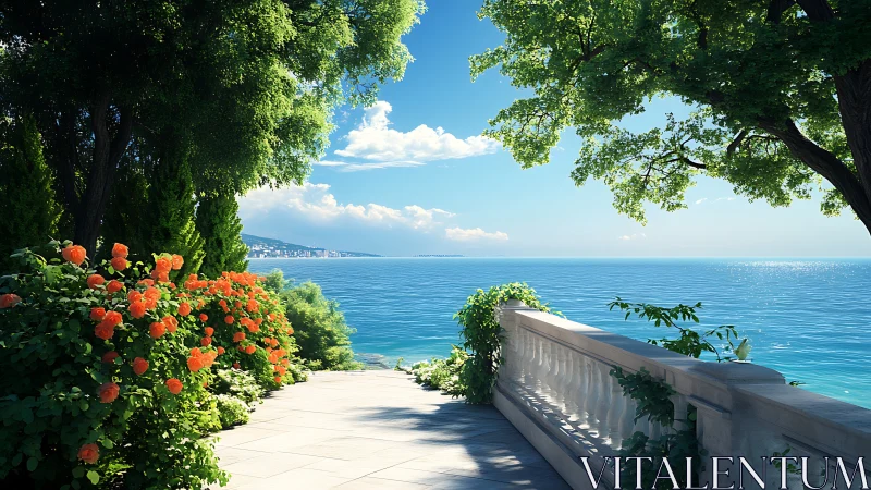 Coastal terrace garden with luminous oceanic horizon view.