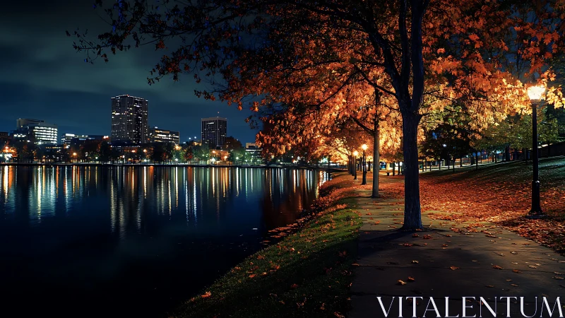 Nighttime riverside park with autumn foliage and city lights.