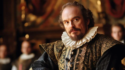 Renaissance courtier in gilded brocade, plotting his next line.